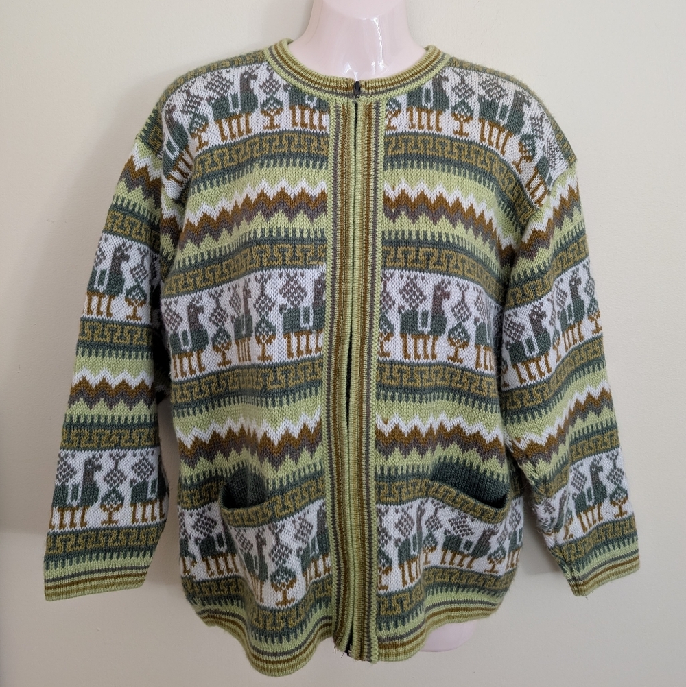 Alpaca Knit Sweater Zipper Green Medium